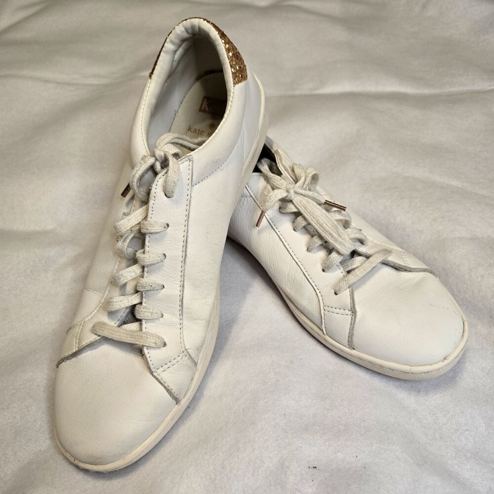 Keds For Kate Spade White Leather Sneakers Shoes Rose Gold Glitter Women's‎ Size